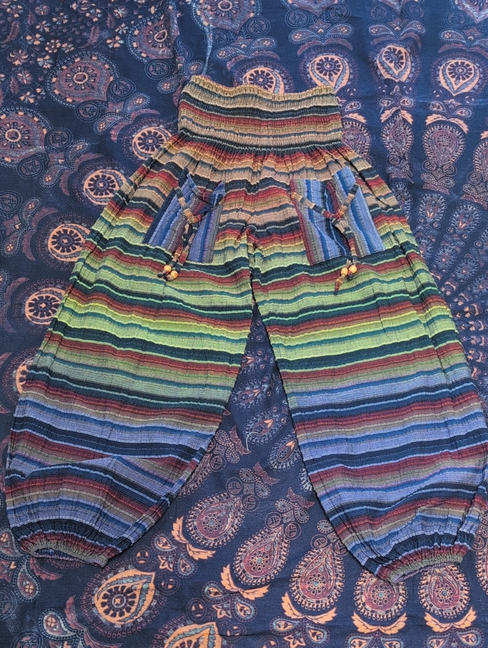 Boho Harem Smocked Striped Crinkle Pants.